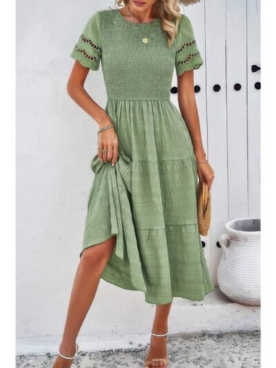 Lace Round Neck Ruched Fit Ruffle Solid Dress Lace Round Neck Ruched Fit Ruffle Solid Dress