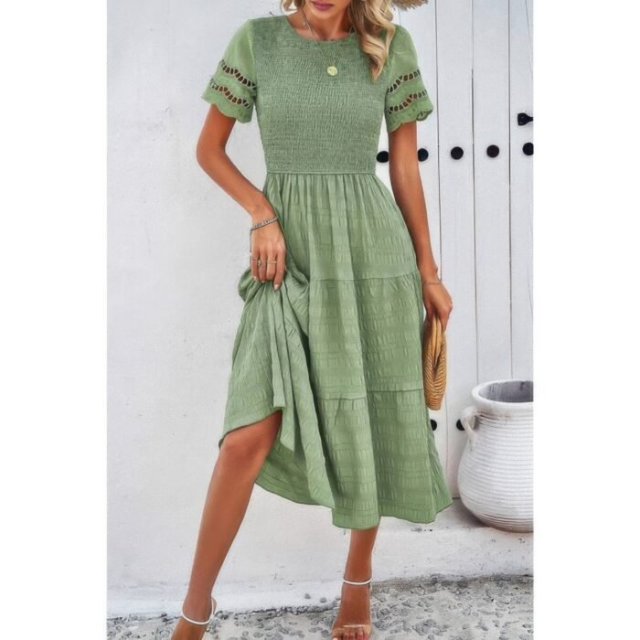 Lace round neck ruched fit ruffle solid dress - image 14