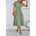 Lace Round Neck Ruched Fit Ruffle Solid Dress - Image 15