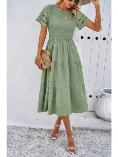 Lace Round Neck Ruched Fit Ruffle Solid Dress Lace Round Neck Ruched Fit Ruffle Solid Dress