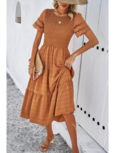 Lace Round Neck Ruched Fit Ruffle Solid Dress Lace Round Neck Ruched Fit Ruffle Solid Dress
