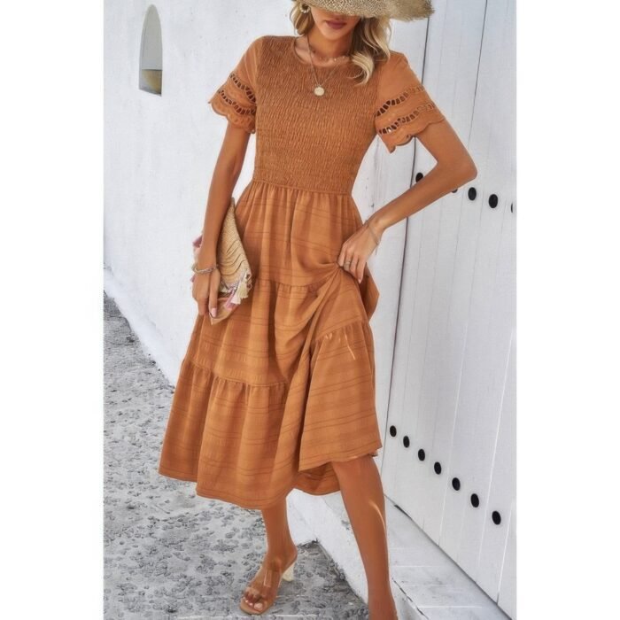 Lace round neck ruched fit ruffle solid dress - image 16