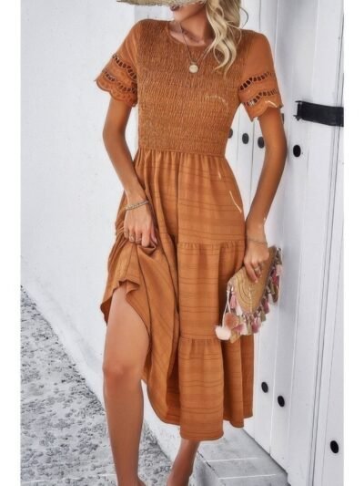 Lace Round Neck Ruched Fit Ruffle Solid Dress Lace Round Neck Ruched Fit Ruffle Solid Dress