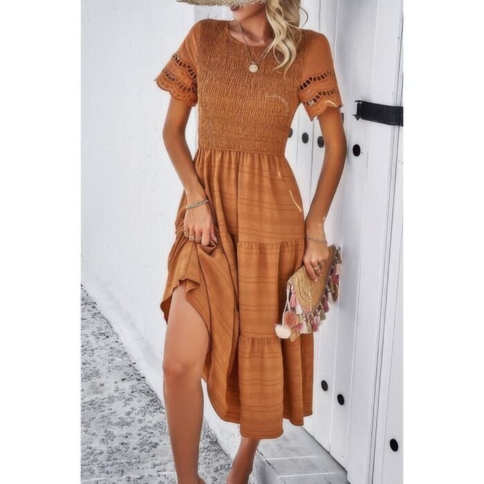 Lace round neck ruched fit ruffle solid dress - image 17