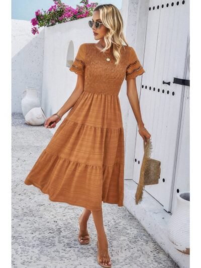 Lace Round Neck Ruched Fit Ruffle Solid Dress Lace Round Neck Ruched Fit Ruffle Solid Dress