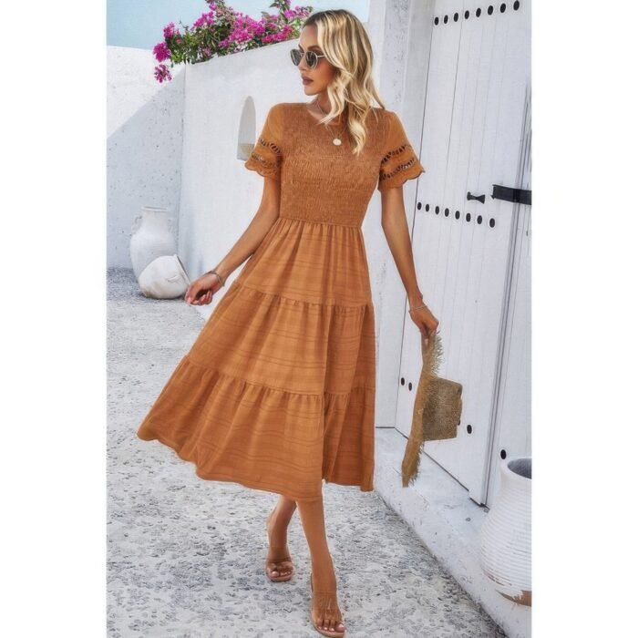 Lace round neck ruched fit ruffle solid dress - image 18