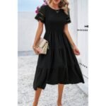 Lace Round Neck Ruched Fit Ruffle Solid Dress - Image 19