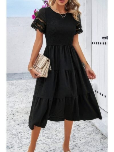 Lace Round Neck Ruched Fit Ruffle Solid Dress Lace Round Neck Ruched Fit Ruffle Solid Dress