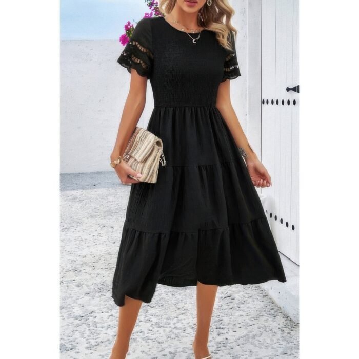 Lace round neck ruched fit ruffle solid dress - image 19