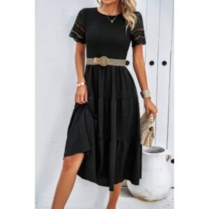 Lace Round Neck Ruched Fit Ruffle Solid Dress
