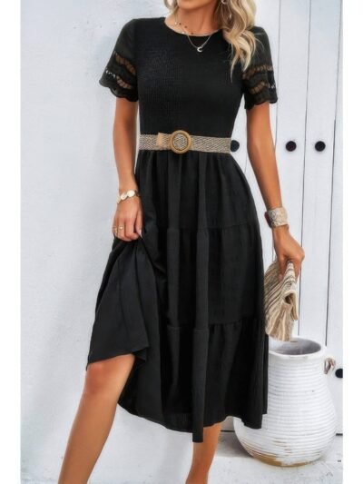 Lace Round Neck Ruched Fit Ruffle Solid Dress Lace Round Neck Ruched Fit Ruffle Solid Dress