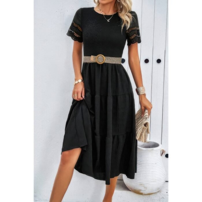 Lace round neck ruched fit ruffle solid dress - image 20