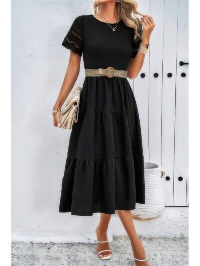 Lace Round Neck Ruched Fit Ruffle Solid Dress Lace Round Neck Ruched Fit Ruffle Solid Dress