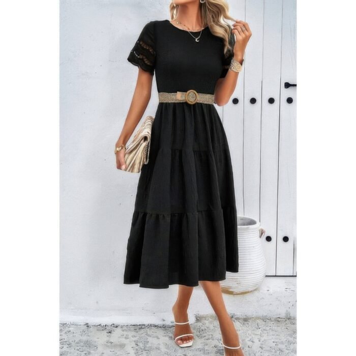 Lace round neck ruched fit ruffle solid dress - image 21