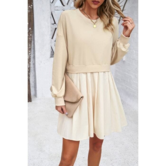 Solid drop shoulder ruched fit patchwork dress - image 1