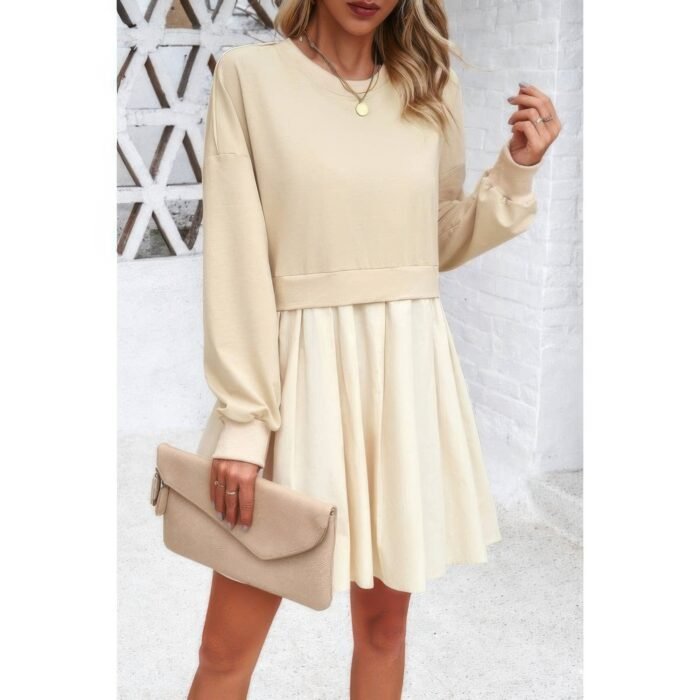 Solid drop shoulder ruched fit patchwork dress - image 2