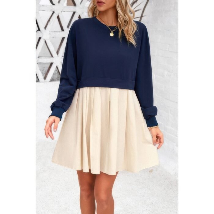 Solid drop shoulder ruched fit patchwork dress - image 5