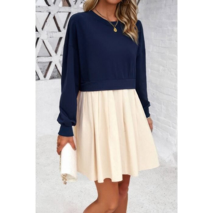 Solid drop shoulder ruched fit patchwork dress - image 6