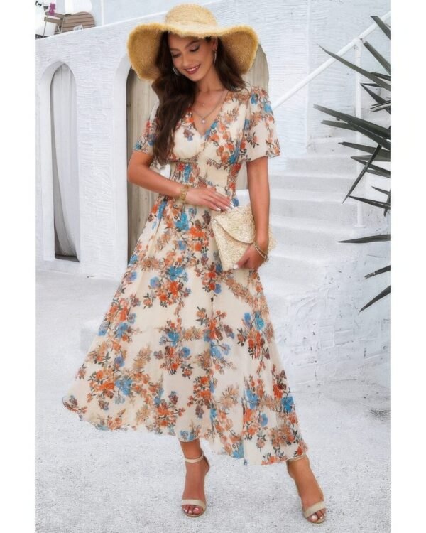Boho Floral Print High Waist Band Fit Lined Dress