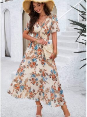 Boho Floral Print High Waist Band Fit Lined Dress