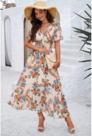 Boho Floral Print High Waist Band Fit Lined Dress