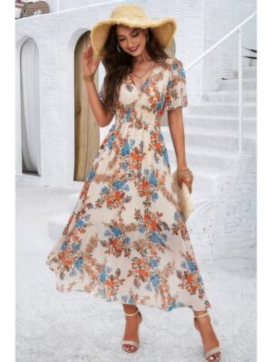 Boho Floral Print High Waist Band Fit Lined Dress