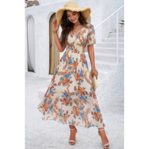 Boho Floral Print High Waist Band Fit Lined Dress - Image 2