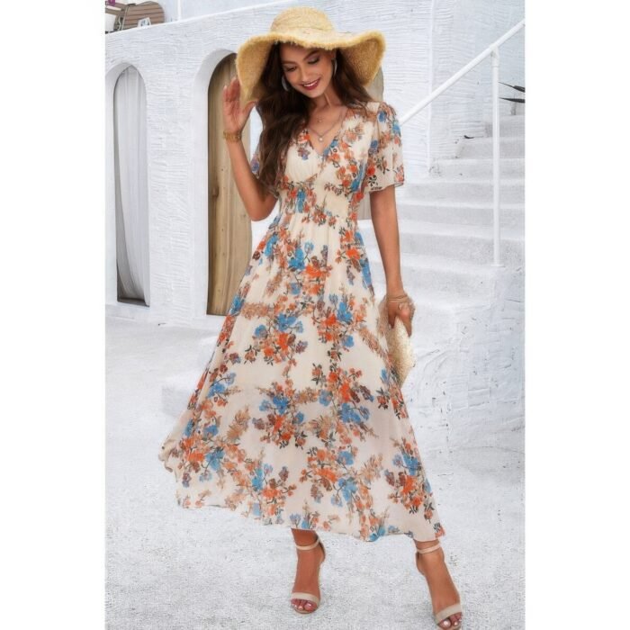 Boho floral print high waist band fit lined dress - image 2