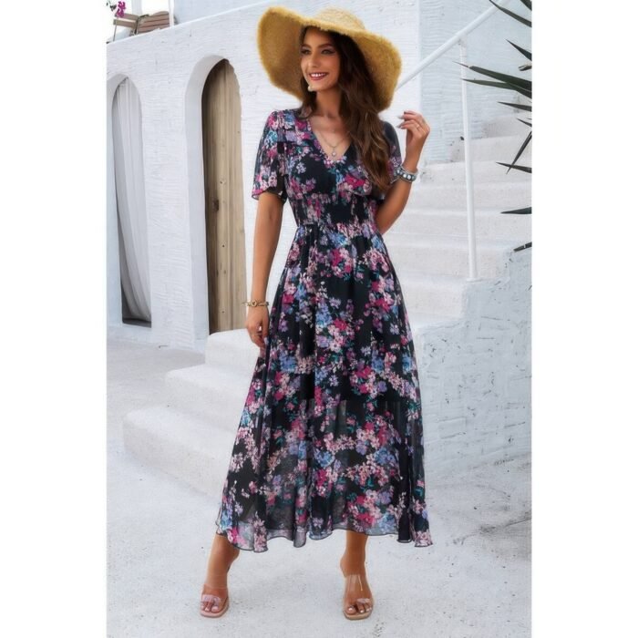 Boho floral print high waist band fit lined dress - image 5