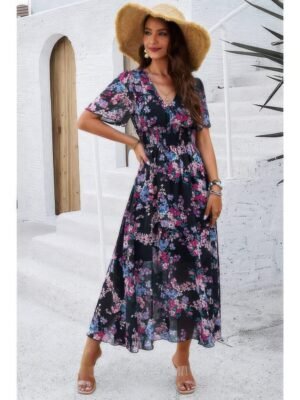 Boho Floral Print High Waist Band Fit Lined Dress
