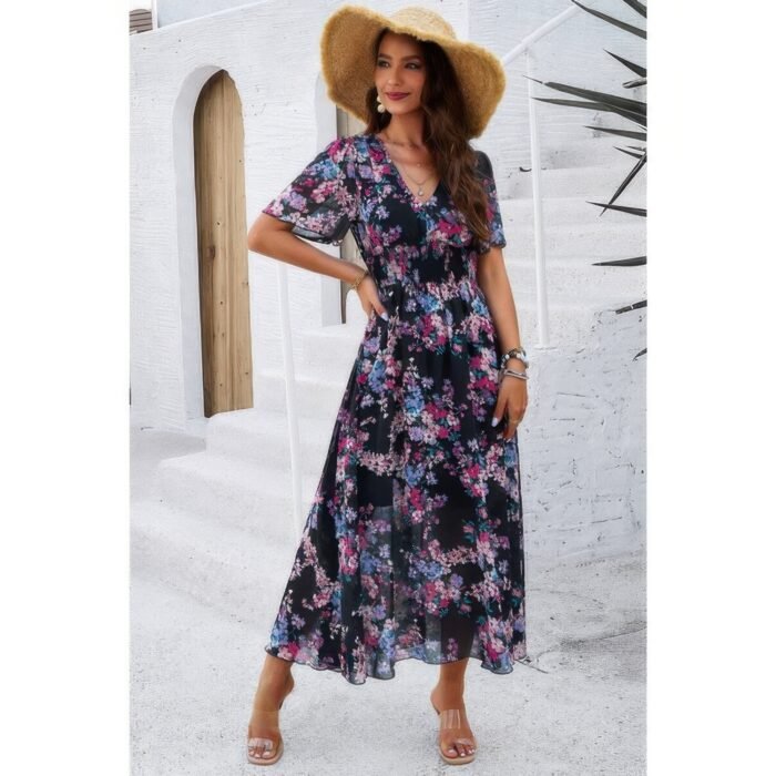 Boho floral print high waist band fit lined dress - image 6
