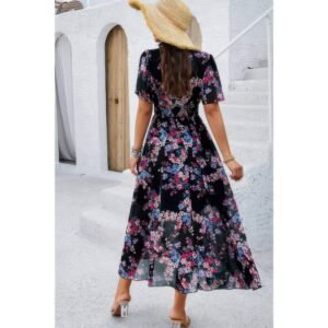 Boho Floral Print High Waist Band Fit Lined Dress