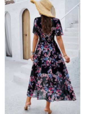 Boho Floral Print High Waist Band Fit Lined Dress