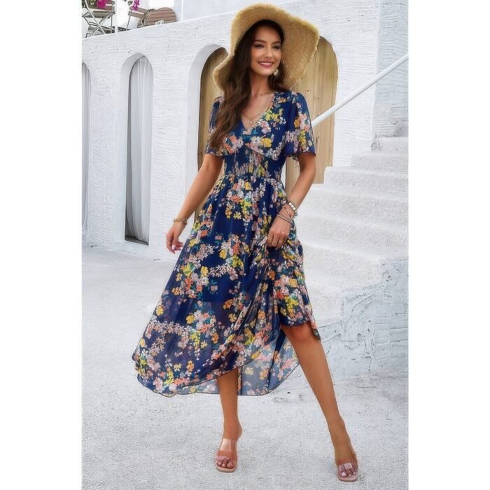 Boho floral print high waist band fit lined dress - image 8