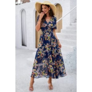 Boho Floral Print High Waist Band Fit Lined Dress