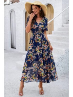 Boho Floral Print High Waist Band Fit Lined Dress