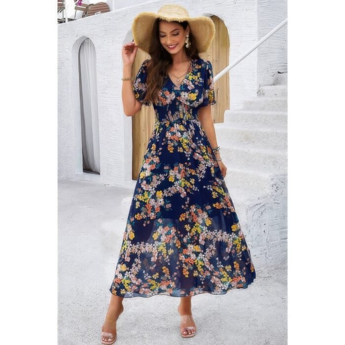 Boho floral print high waist band fit lined dress - image 10