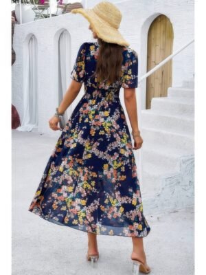Boho Floral Print High Waist Band Fit Lined Dress