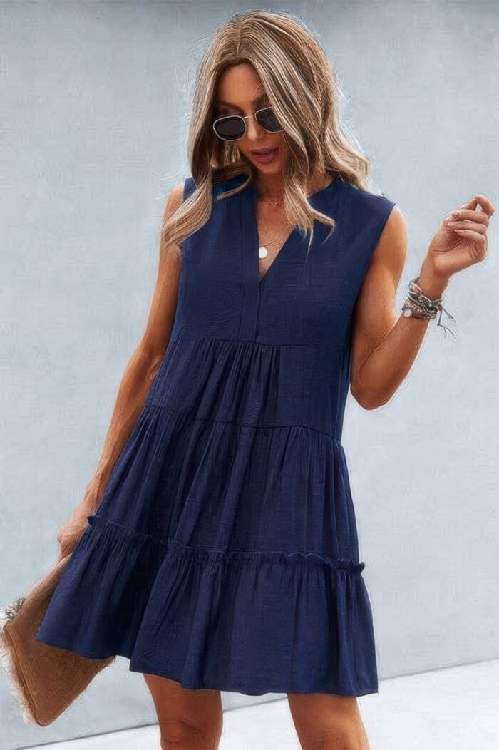 Solid v neck flat collar tiered shift dress - image 1