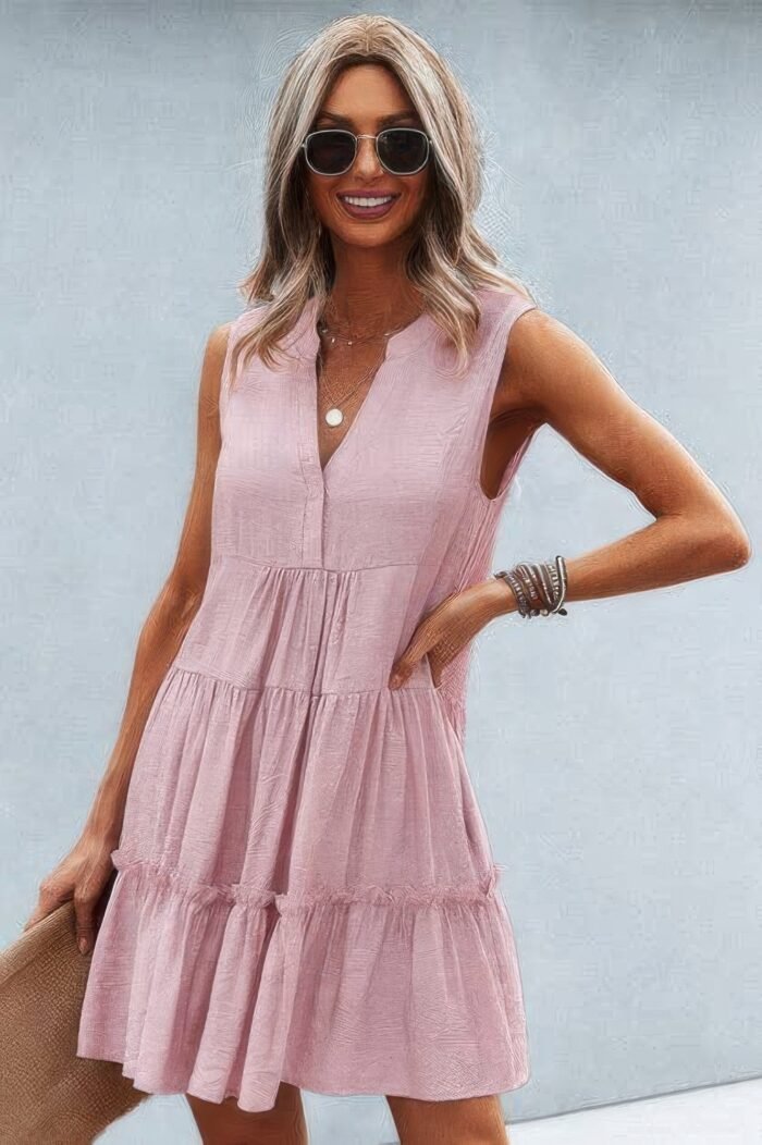 Solid v neck flat collar tiered shift dress - image 3