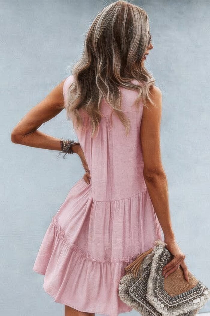 Solid v neck flat collar tiered shift dress - image 4