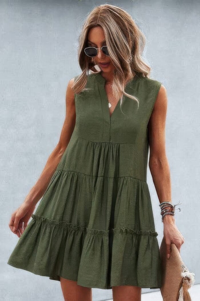Solid v neck flat collar tiered shift dress - image 5