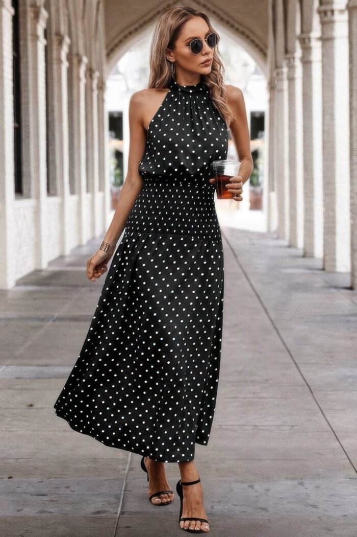 Off shoulder dot print fit ruffle full dress - image 4