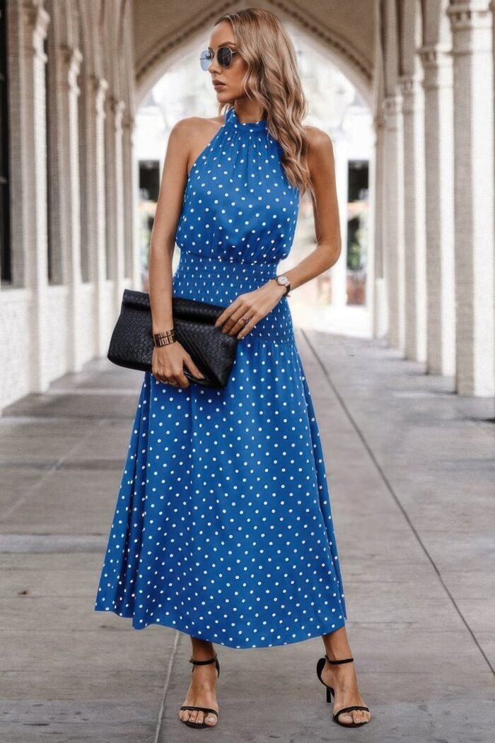 Off shoulder dot print fit ruffle full dress - image 6
