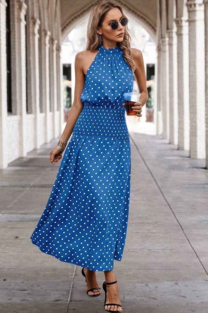 Off shoulder dot print fit ruffle full dress - image 7