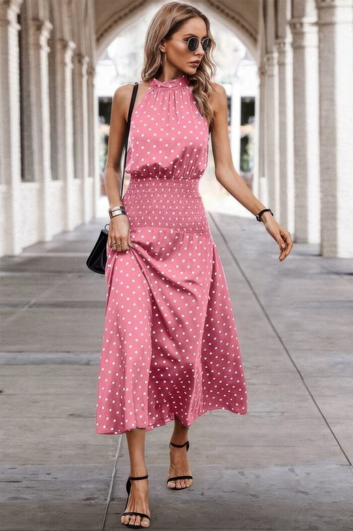 Off shoulder dot print fit ruffle full dress - image 10