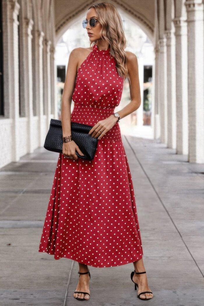 Off shoulder dot print fit ruffle full dress - image 13