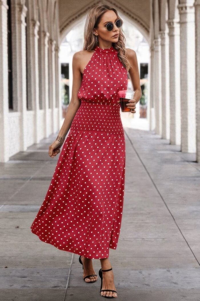Off shoulder dot print fit ruffle full dress - image 14