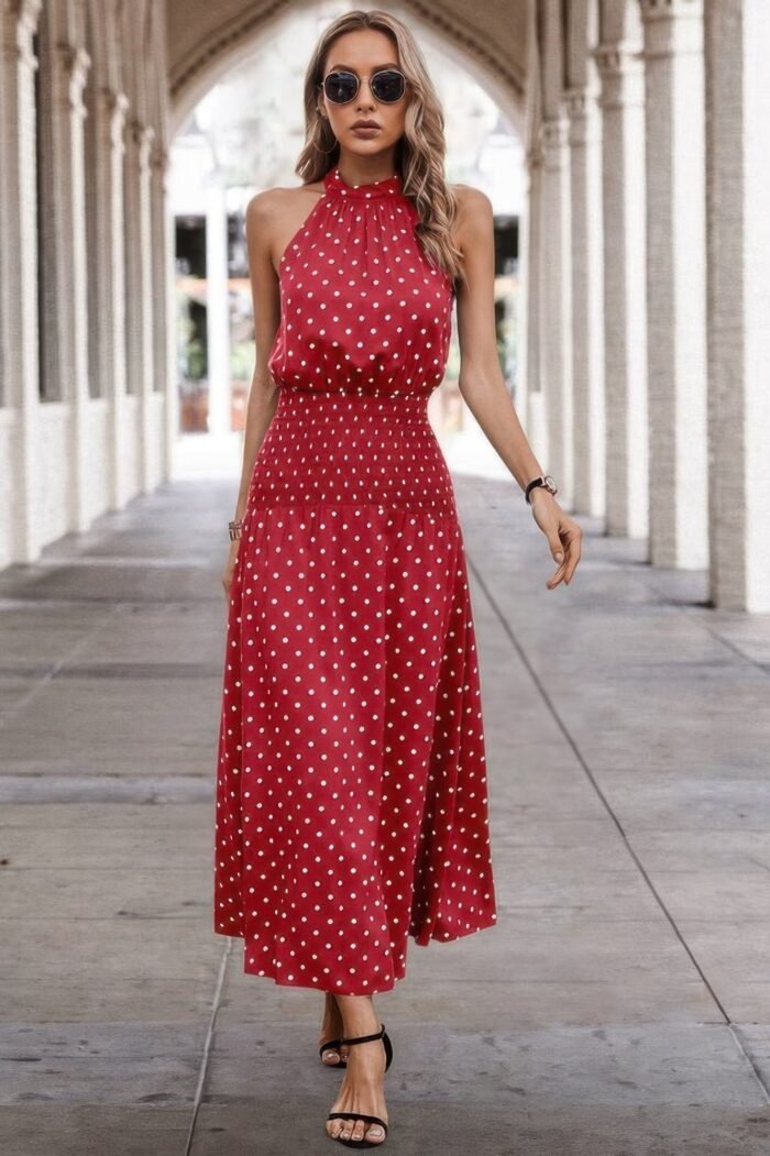 Off shoulder dot print fit ruffle full dress - image 15