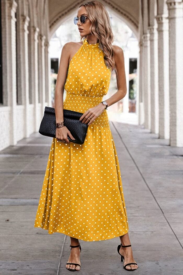 Off shoulder dot print fit ruffle full dress - image 17